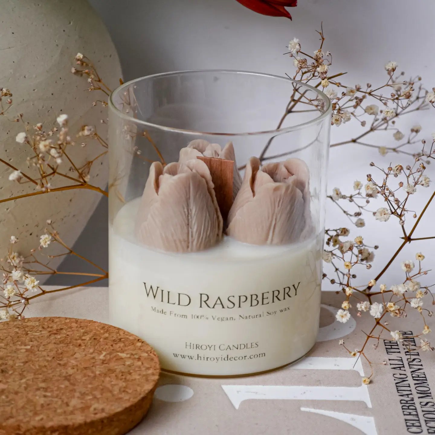 Bougie parfumée Hiroyi Decor Tulipe Beige, Sommeil à la lavande et au bois de santal