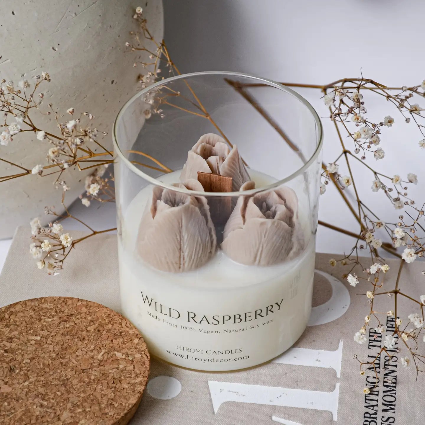 Bougie parfumée Hiroyi Decor Tulipe Beige, Sommeil à la lavande et au bois de santal