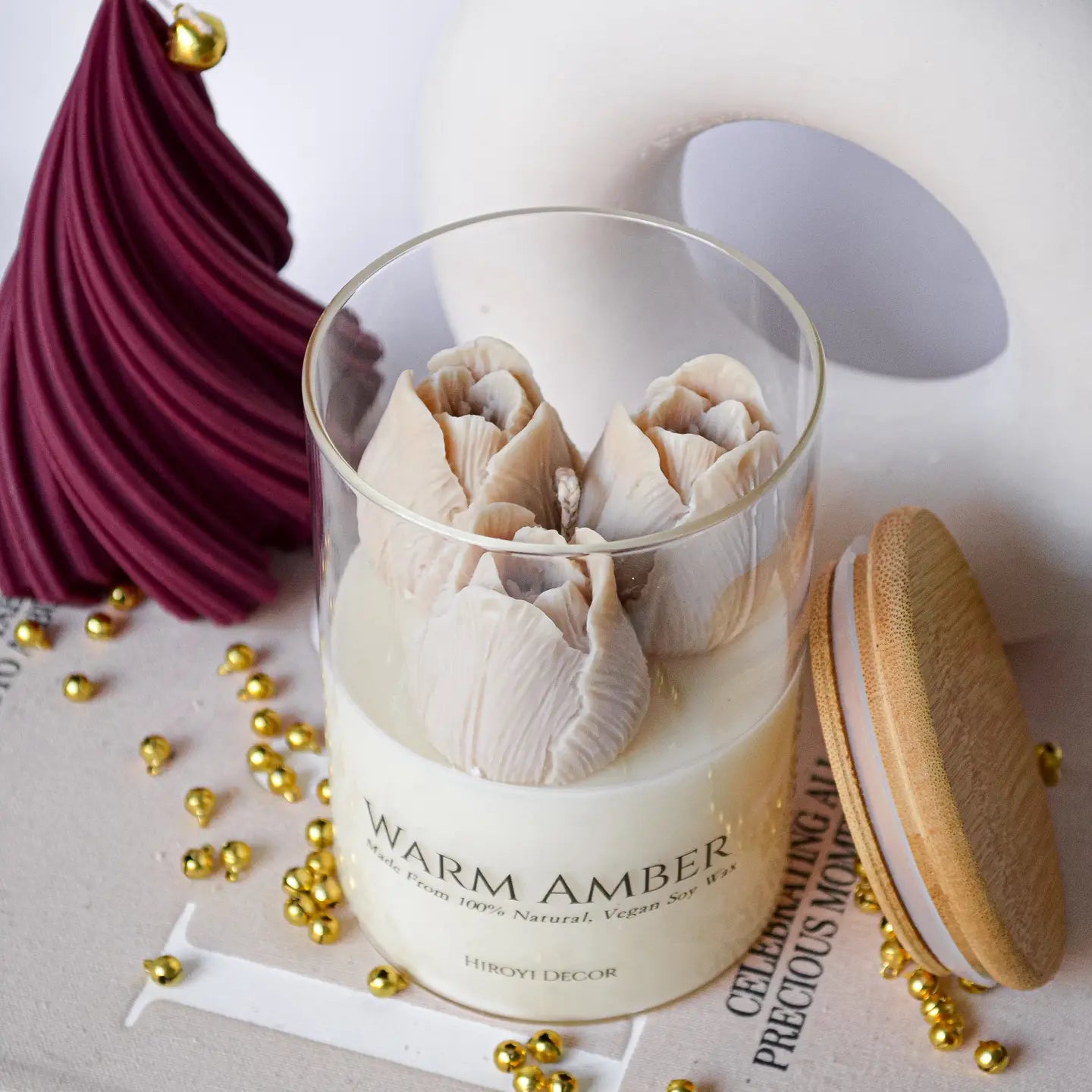 Bougie parfumée Hiroyi Decor Tulipe Beige, Sommeil à la lavande et au bois de santal